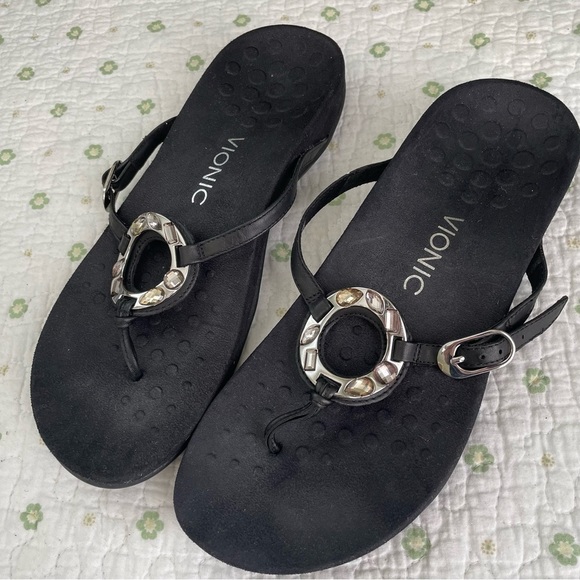 Vionic Shoes - Vionic Ricci Black Leather Strap Rhinestone Buckle Slip-On Sandal Size 9